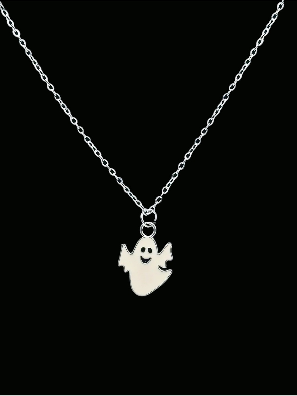 Silver Chain Necklace with White Ghost Enamel Pendant